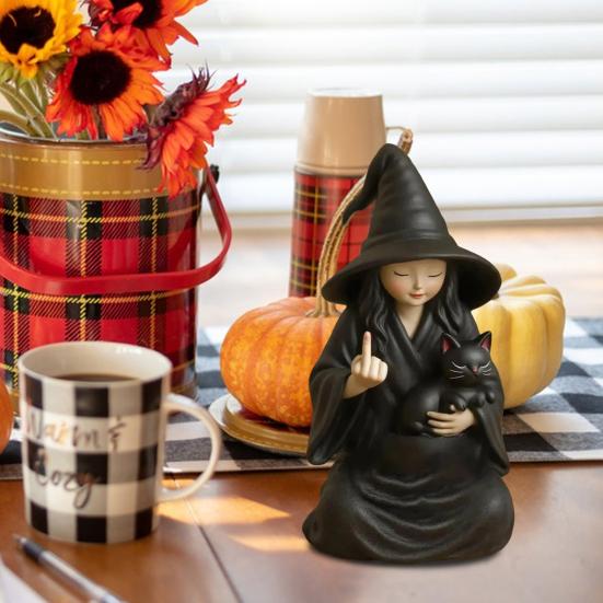 Halloween Ornament Dark Humor Witchcraft Vibe Creepy Witch Statue Black Robe Cat Themed Resin Home Decor