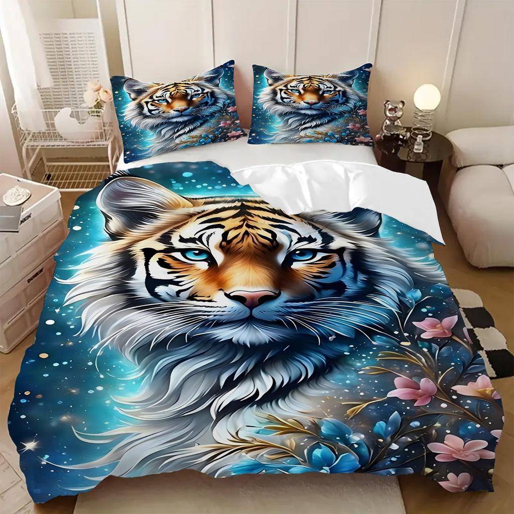 Retro Leśny Tygrys 3D Nadruk Poszewka na Kołdrę Poszewka na Poduszkę Niebiesko-Złoty Kwiatowy Komplet Pościeli Dla Dzieci Młodzieży Dorosłych Poszewka na Kołdrę z Dzikiej Przyrody