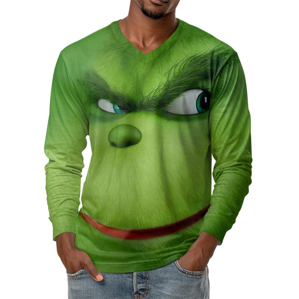 Men's Fashion Printed V-Neck Casual Long-Sleeved T-Shirt Bottoming Shirt Top
