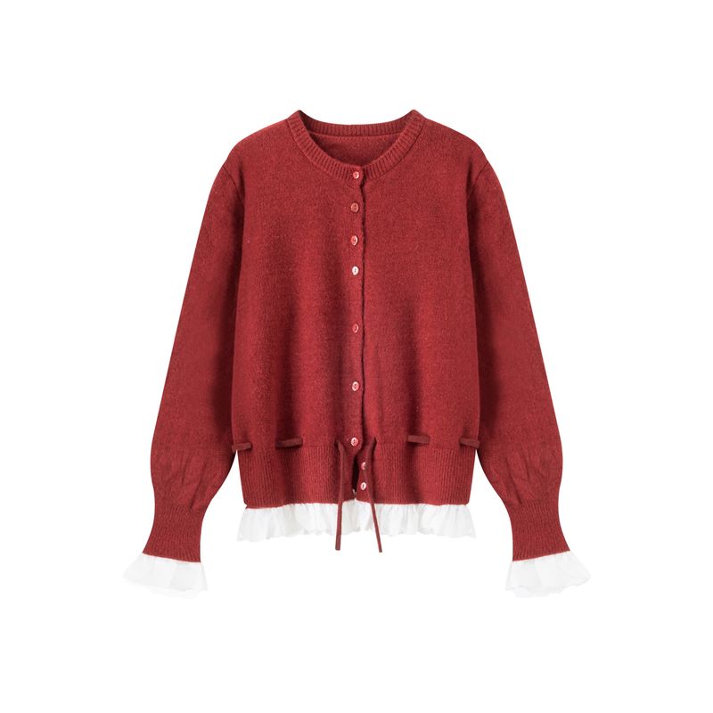 

Pphome Домашний ~ Кружевной пэчворк Красный свитер На шнуровке Облегающий дизайн Свободный трикотажный кардиган Короткий свитер Свитер Женщины Red All yards