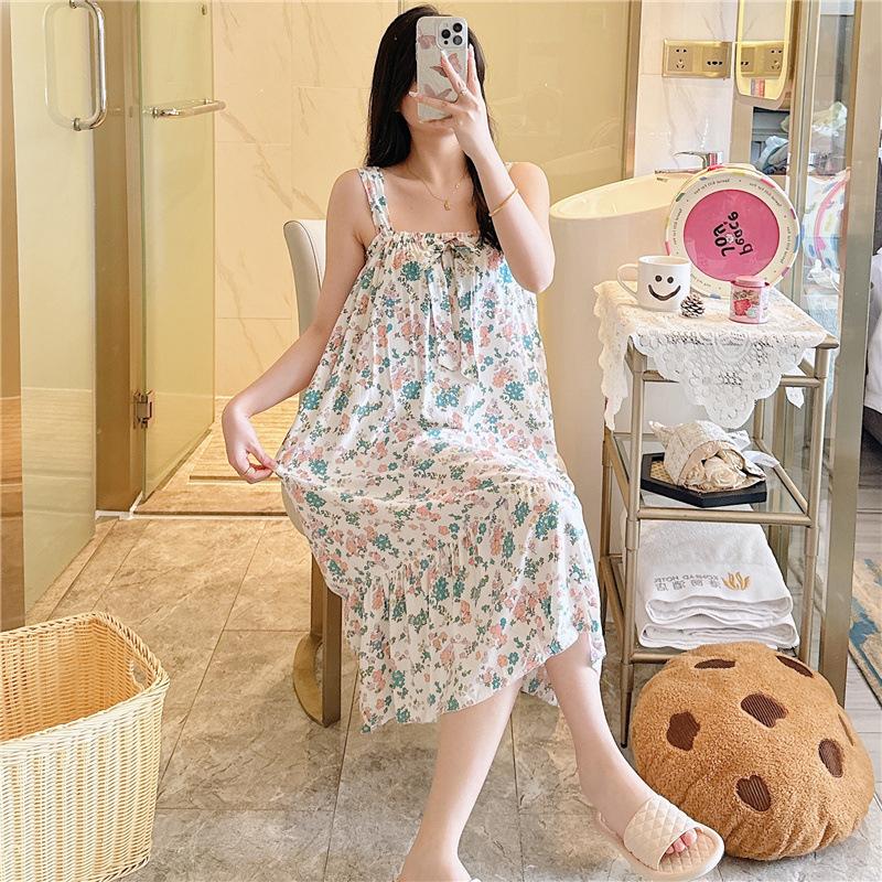 Cotton Nightdress Women'S Summer Thin Pajamasspring And Autumn Cotton Korean Cute Casual Print Dress Loungewear