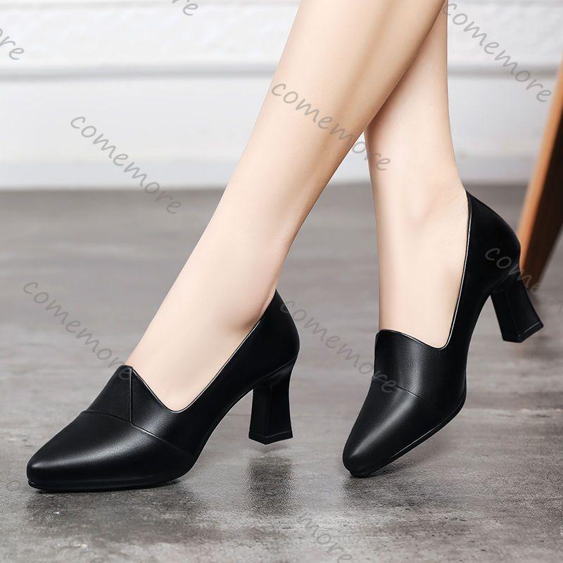 Fashion Comemore Spring and Autumn New Pumps Single Shoes Black 5cm 7cm Thick Heeled Women Shoes Casual Soft Leather Mother Work Shoes