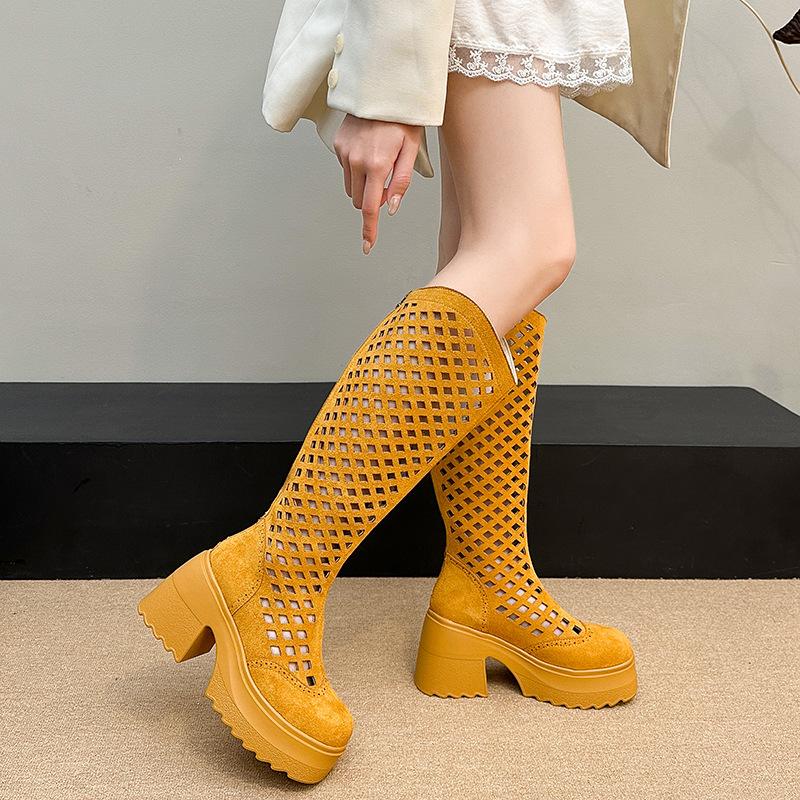 Summer Boots For Women Thin Breathable And Elevated Boots New Mesh Boots High-Heeled Boots No More Than Knee-High Hollow Boots