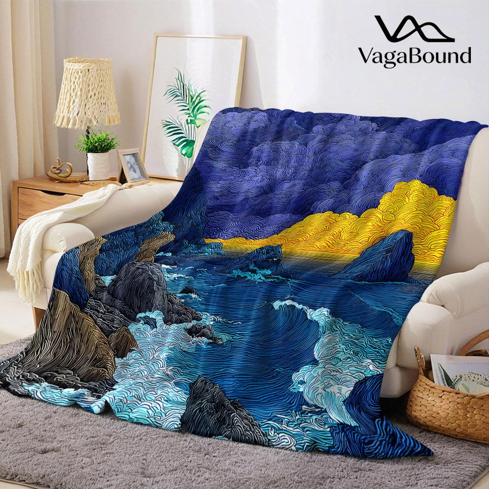 Starry Night Ocean Van Gogh Flannel Blanket Warm Soft Halloween Christmas Decorative Couch Warm Cozy All-Season Gift