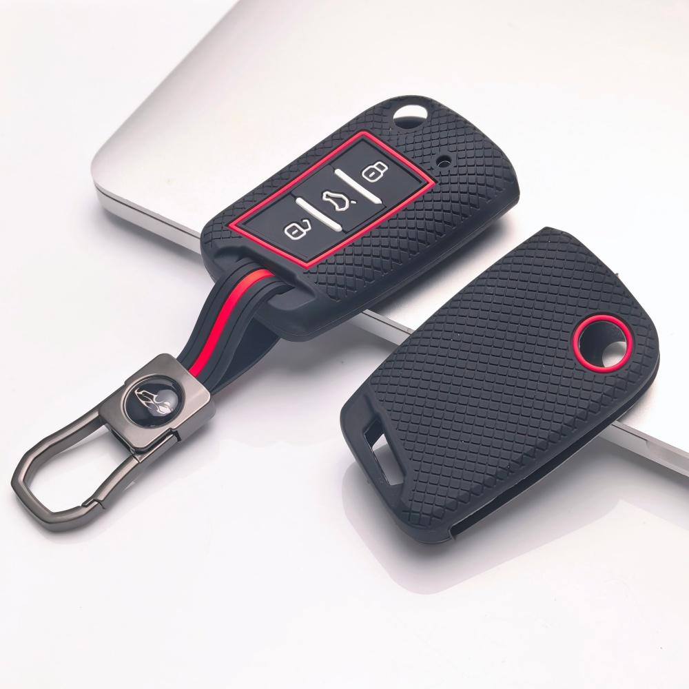 Silicone Car Key Cover Fob Case Keychain 3 Buttons Key Protector Holder, Fits Volkswagen Golf Tiguan Passat Octavia A7 MK7 MK2 B8 Skoda Superb