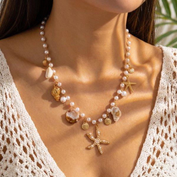 Bohemian Ocean Shell Faux Pearl Pendant Necklace Summer Beach Vacation Choker Fashion Jewelry