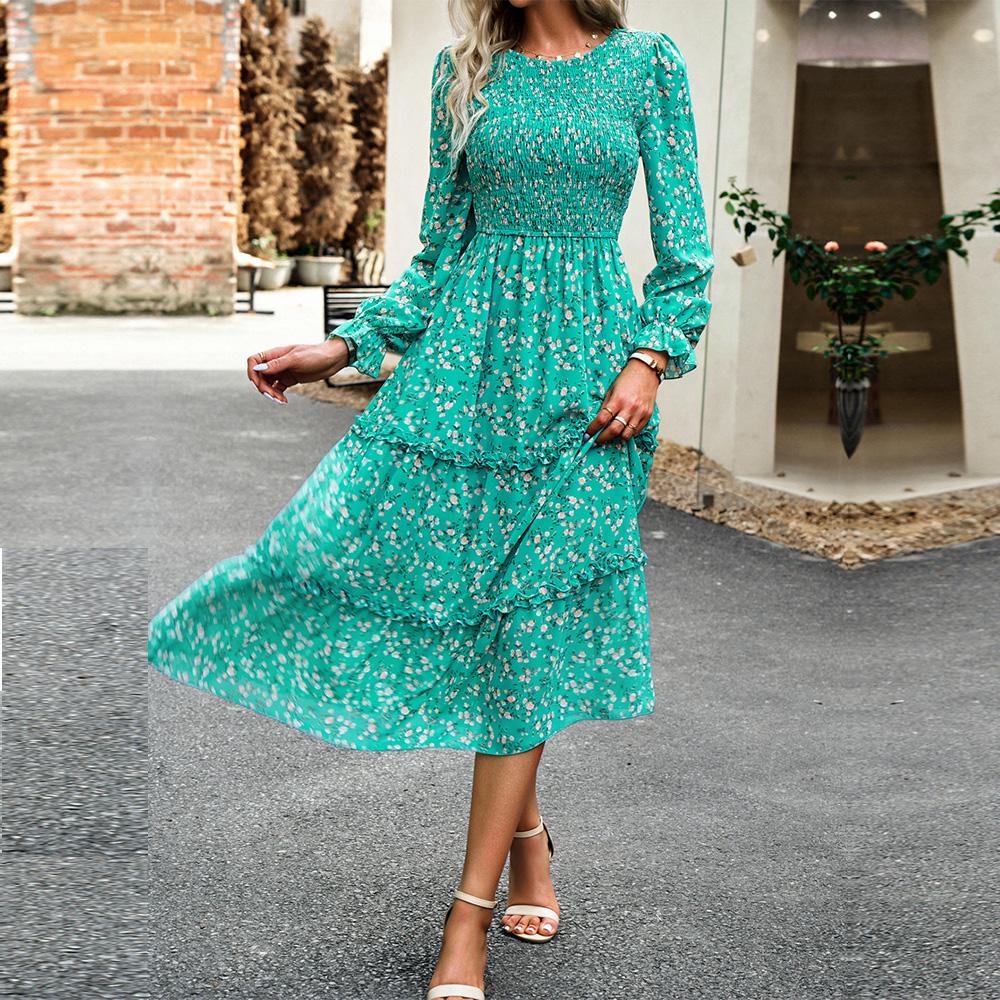 Dámské podzimní elegantní dlouhé potištěné šaty s lucernou s rukávem a vysokým pasem