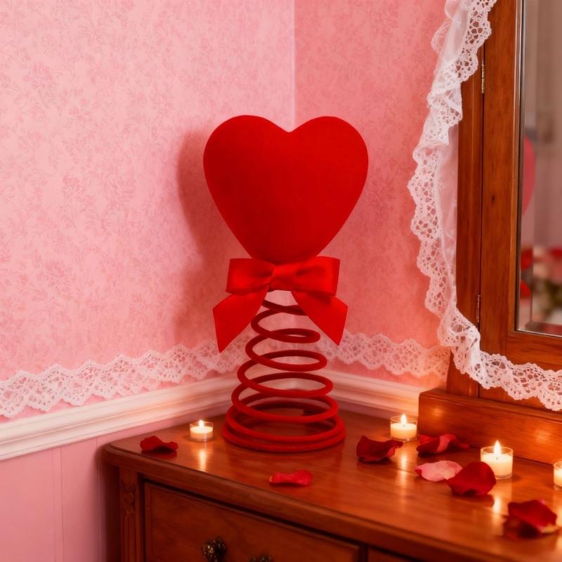 Red Heart Shape Spring Christmas Tree Toppers Star Ornament With Cotton and Metal Designs for Festival Home Decoration
