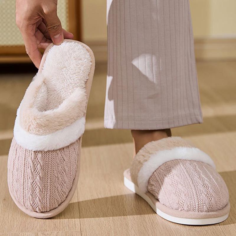 Fashion Winter Faux Fur Warm Cotton Slippers Women Slip On Round Toe Plush Slides Woman Mix Color Non Slip Cotton Slippers Female