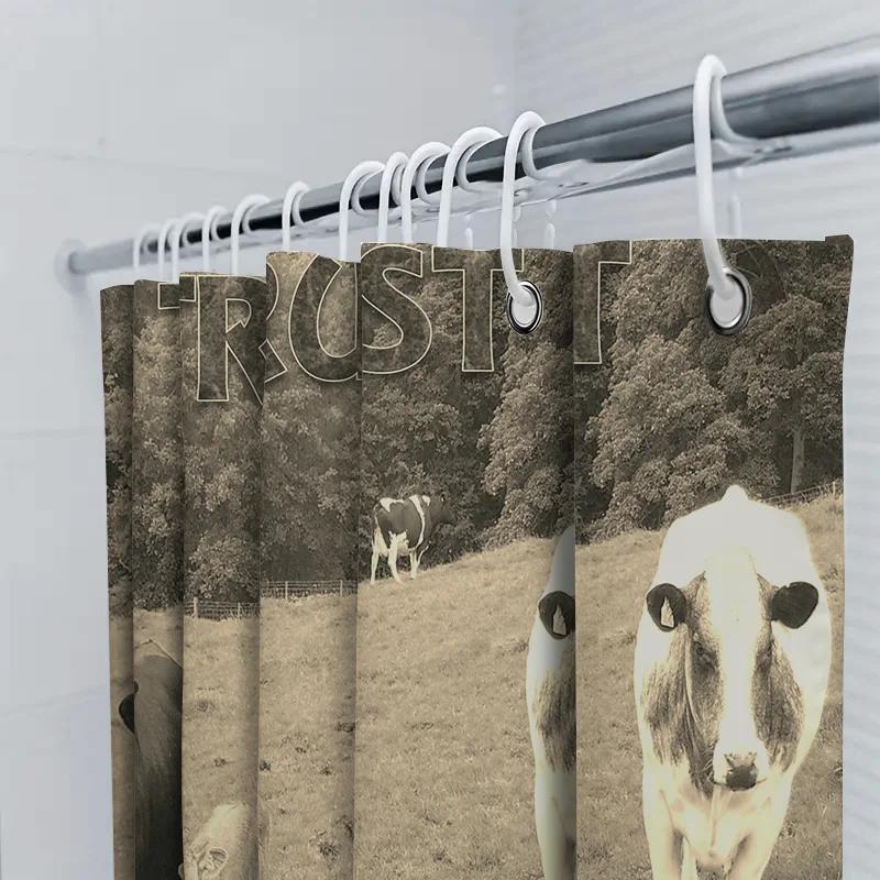 Farmhouse Bathroom Decor Shower Curtain Featuring Trust Farm Animals Black Bull White Cow With Calves Country Rustic Style Home