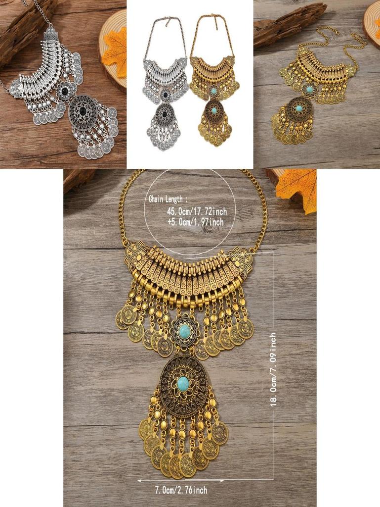 Classic Gold Silver Finish Coin Tassel Necklace With Geometric Pendant For Festival Wear