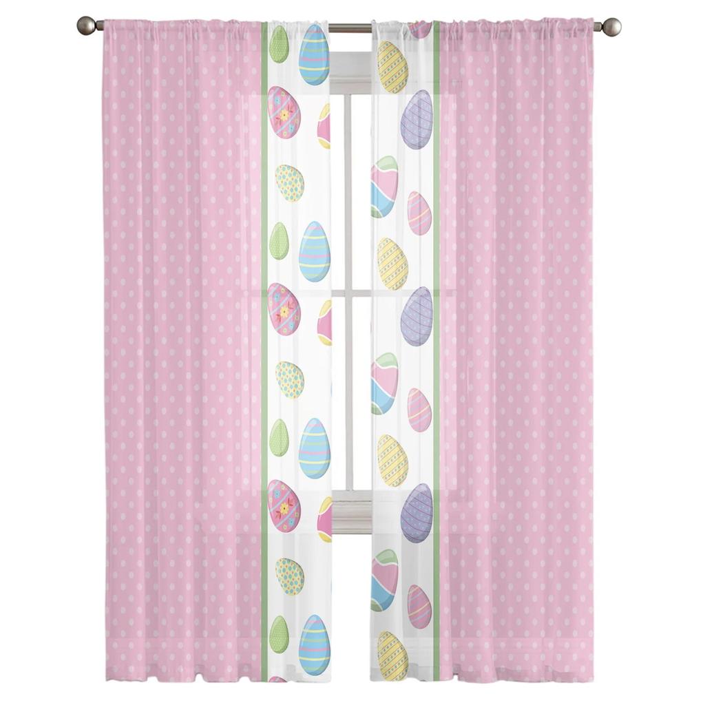 Easter Egg Polka Dot Pink Tulle Curtains for Living Room Bedroom Voile Sheer Curtain Window Home Decor Drapes