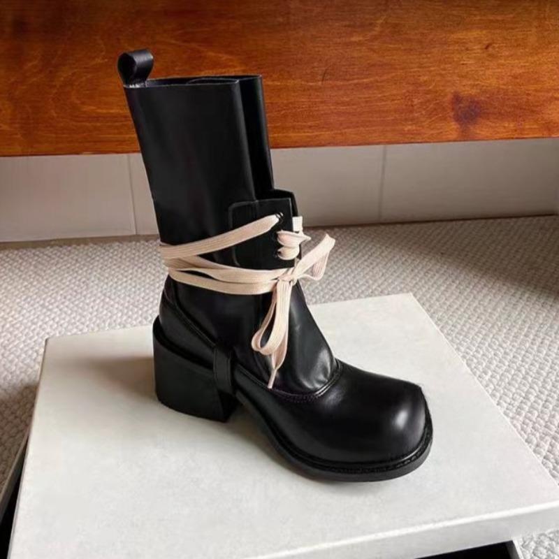 Platform Heightened Bundle Lace-up Booties 2025 Summer New Round Toe Block Heel Skinny Non-slip Stack Boots