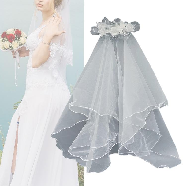 Sophisticated White Bridal Veil Double Layer with Artificial Pearls Edge Fashionable Wedding Veil For Bride
