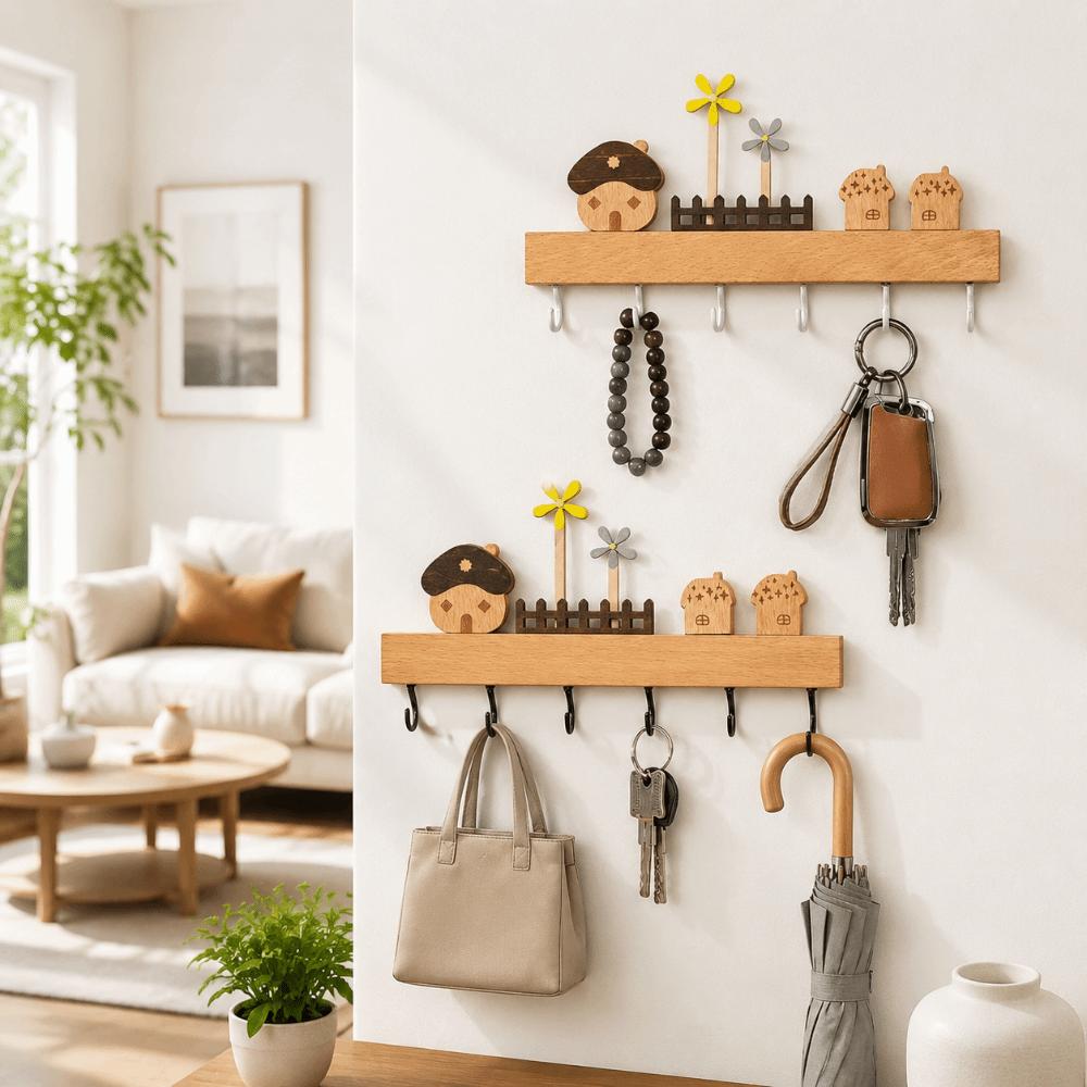 Wooden Key Hook Rack 6 Hooks Sundries Storage Shelf Coat Rack Kitchen Bathroom Bedroom