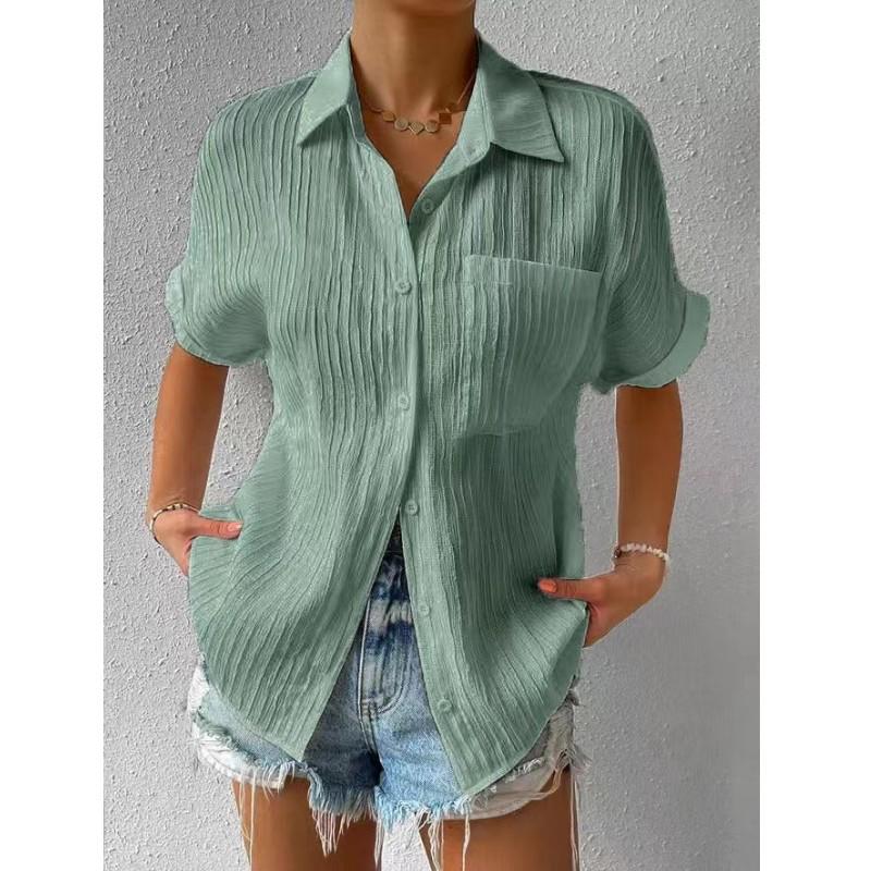 2023 Patchwork Pocket Short Sleeve Casual Women's Lapel Shirt