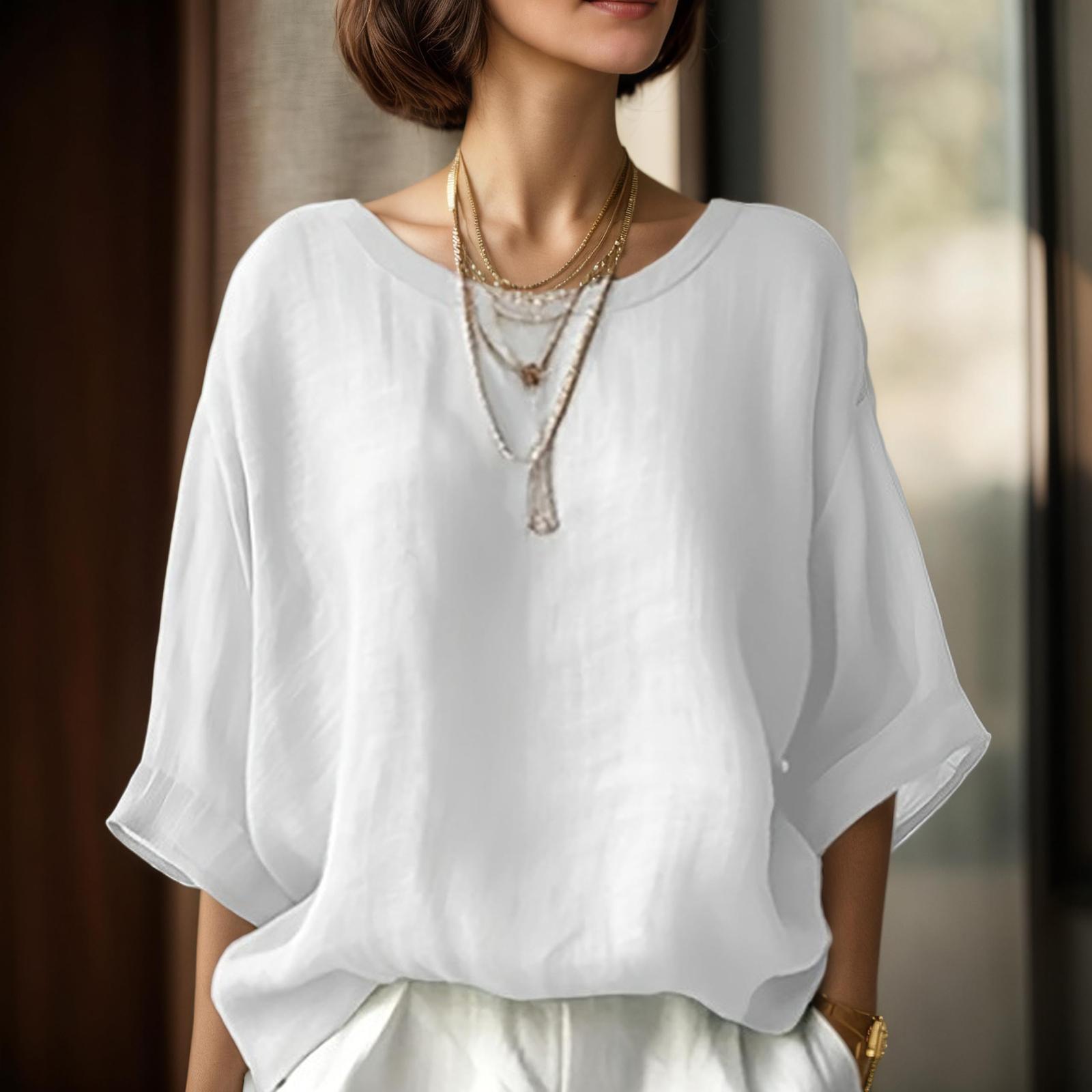

Women s Solided Color Comfortable Casual Round Neck Shoulder Loose Slim Shirt Top XXL білий