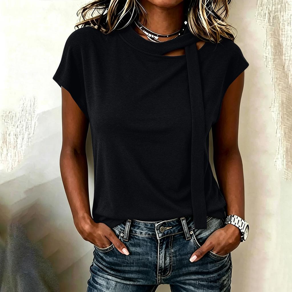 Damen Freizeit Ärmelloses Tanktop Rundhalsausschnitt Krawatten-Detail Sommerbluse Leichter Weicher Stoff Entspannte Passform