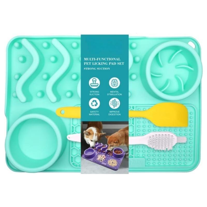 

Большой коврик для вылизывания собак с миской из нержавеющей стали, силиконовая лопаточка, снятие беспокойства, медленное кормление, купание, уход за собакой, дрессировка, товары для домашних животных бирюзовый