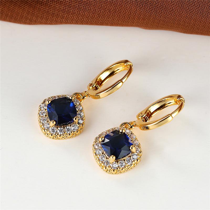 Blue Zircon Square Stone Hoop Earrings Female Luxury Crystal Wedding Earrings Vintage Gold Color Bridal Earrings for Women Gifts