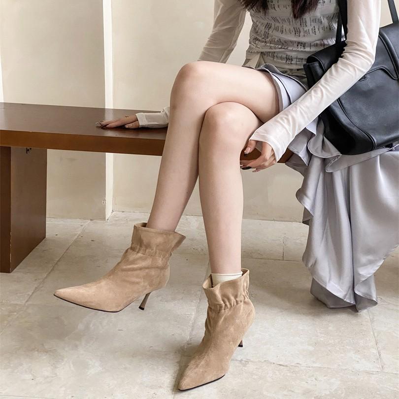 2025 autumn and winter new pointed thin heel high heel temperament thin French fashion sexy beauty female Internet celebrity short boots