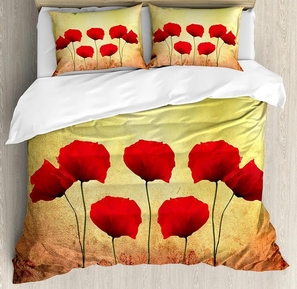 Floral Bedding Set Comforter Duvet Cover Pillow Shams Poppies Of Spring Season Pastoral Flowers Bot Bedding Cover Double Bed Set