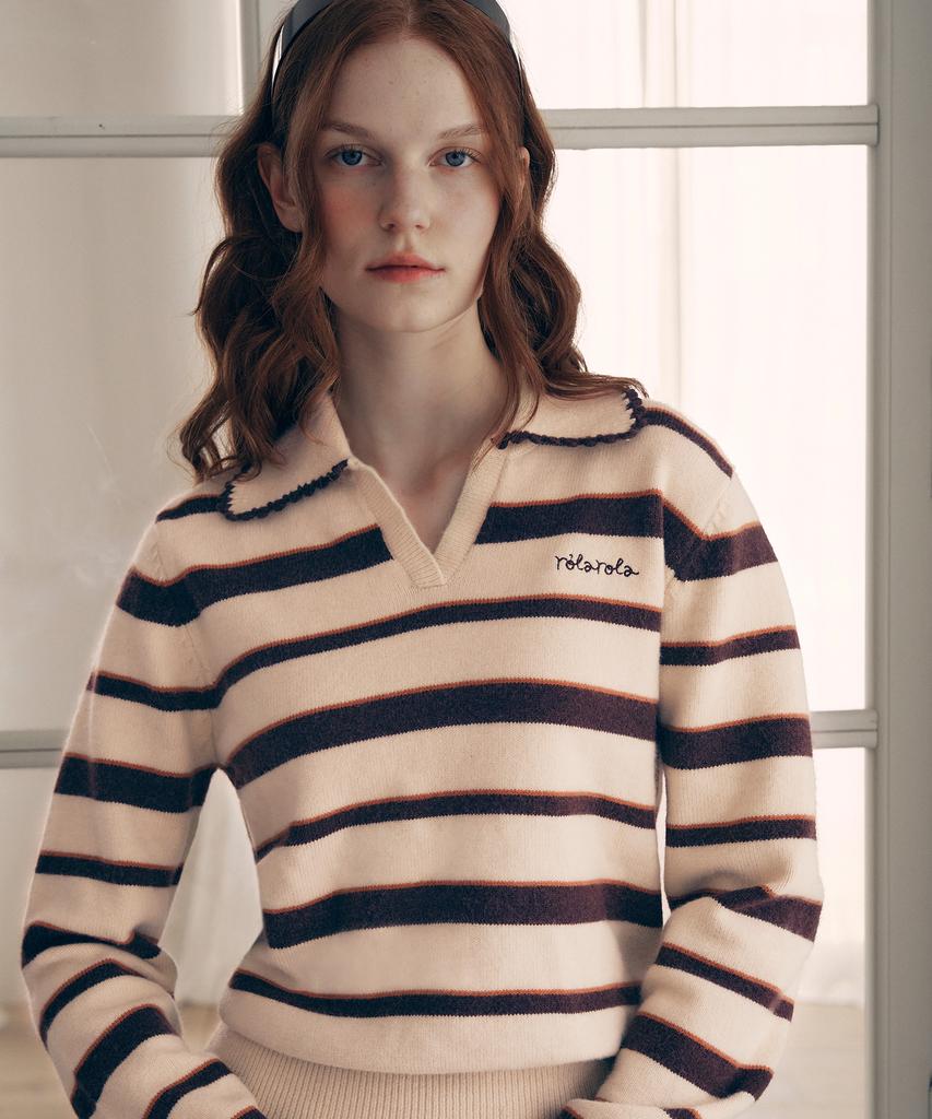 ROLAROLA V Neck Collar Stripe Knit Pullover Beige