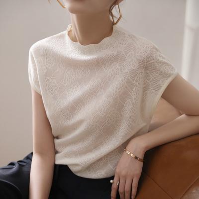 Jacquard Hollowed Out Knitted Short Sleeved T Shirt Women's Thin Style Loose Knit Sweater Base Shirt Top