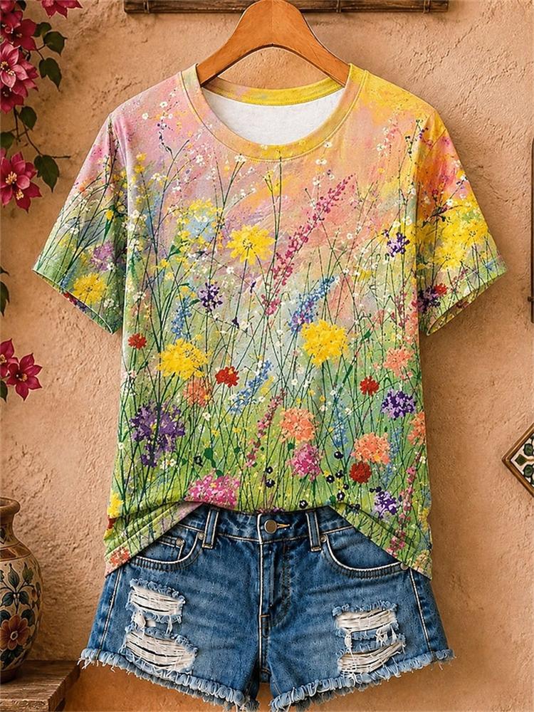 Women's Simple and Versatile Casual Short-Sleeve Floral Print Round-Neck Elegant T-Shirt Stylish Loose-Fitting Women's Top