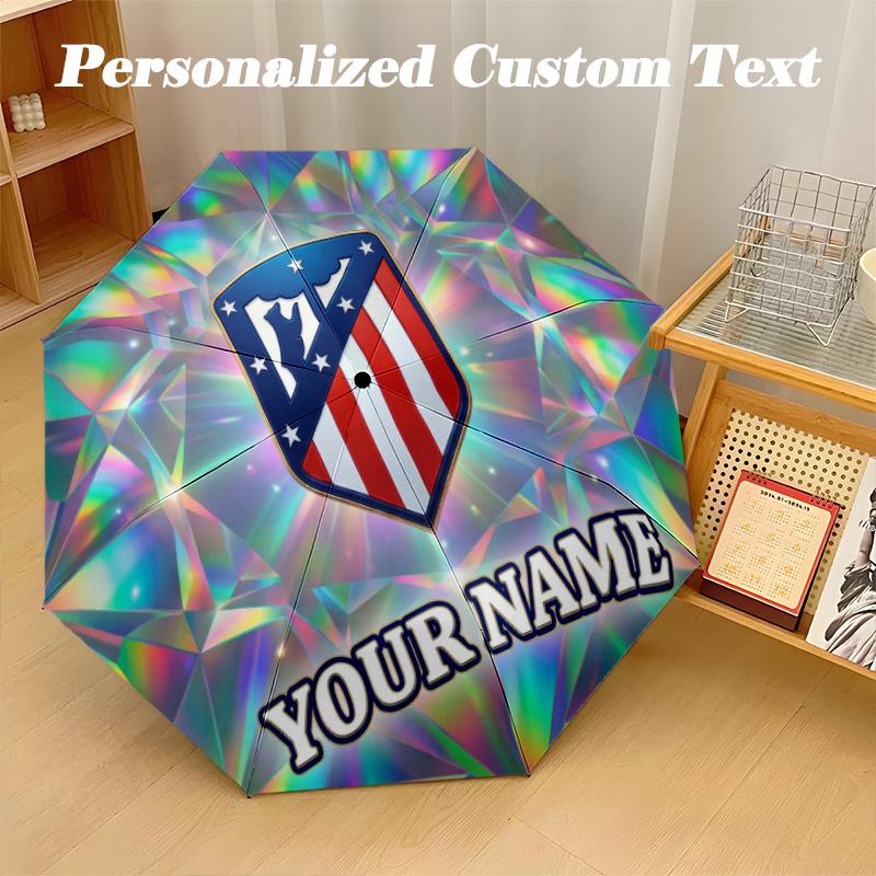 8 Rib Auto Folding Umbrella Atletico Madrid Print Custom Name Text Portable Rain Gear