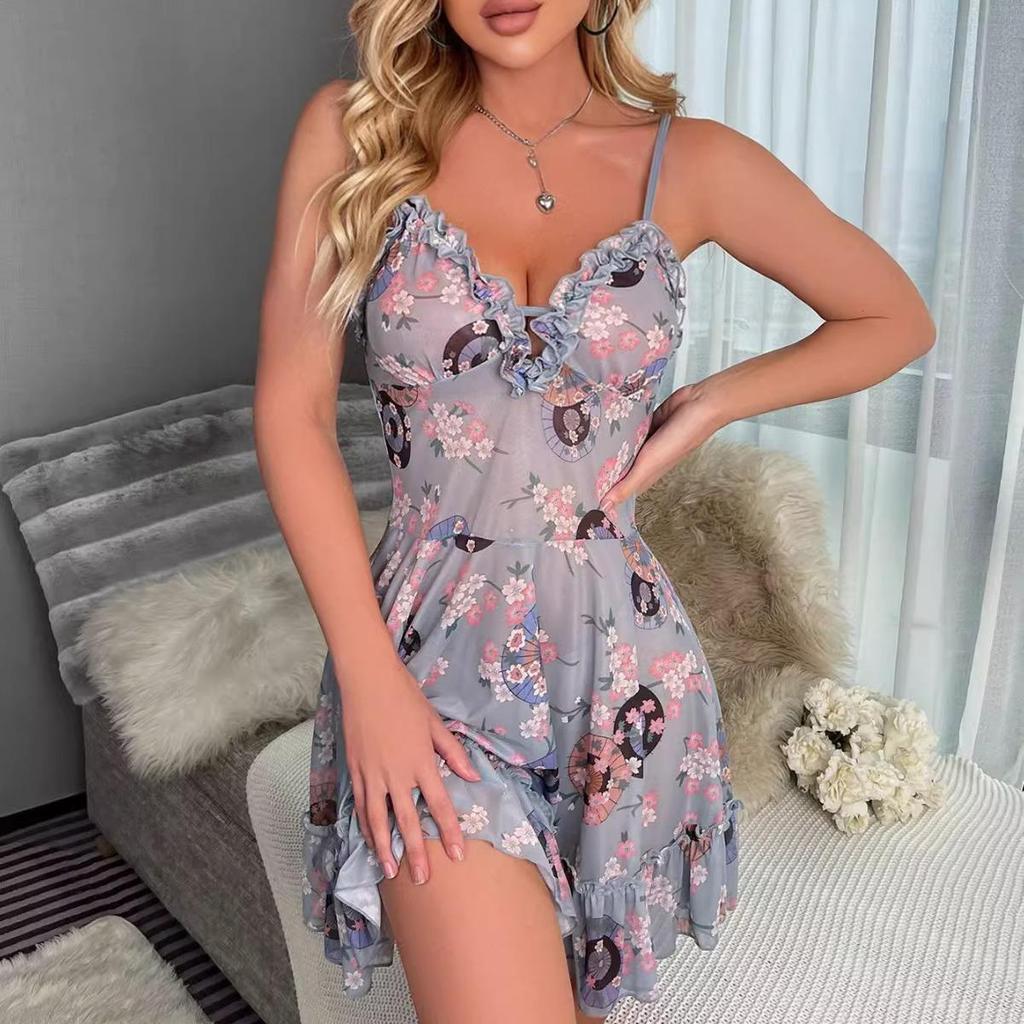 Europäisches und amerikanisches Mesh-Print-Sexy-Dessous-Nachthemd-Set für Damen