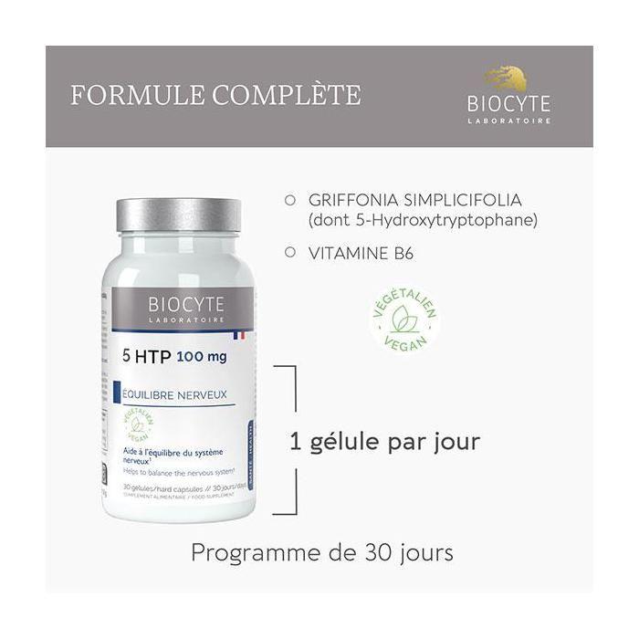 Biocyte 5-HTP 100mg Griffonia Vitamine B6 Equilibre Système Nerveux 30 gélules