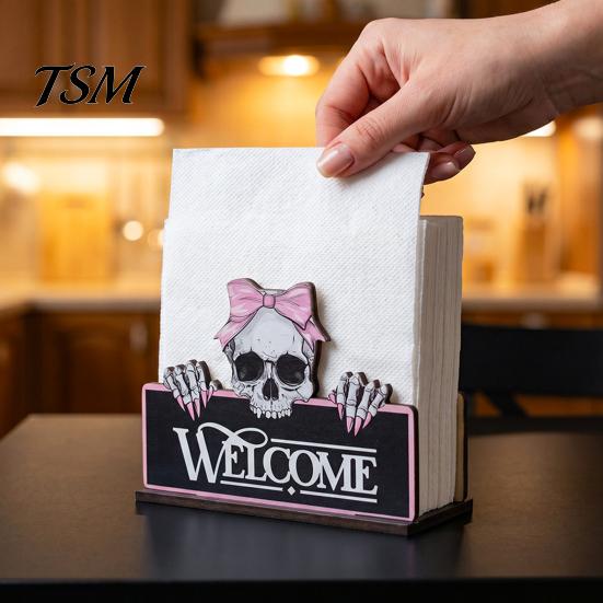 Cute Halloween Home Decor Wooden Napkin Holder, Pastel Pumpkin Ghost Black Cat Tabletop Tissue Dispenser, Functional Dispenser Waterproof Decorative
