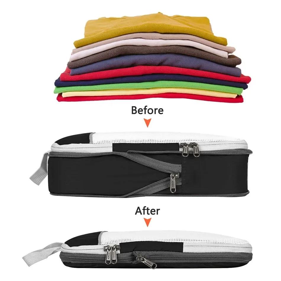 3 Piezas/set Negro/Azul/Gris Bolsa de Almacenamiento de Viaje Comprimible Portátil de Gran Capacidad Bolsa de Almacenamiento Cubos de Embalaje para Maleta/Equipaje