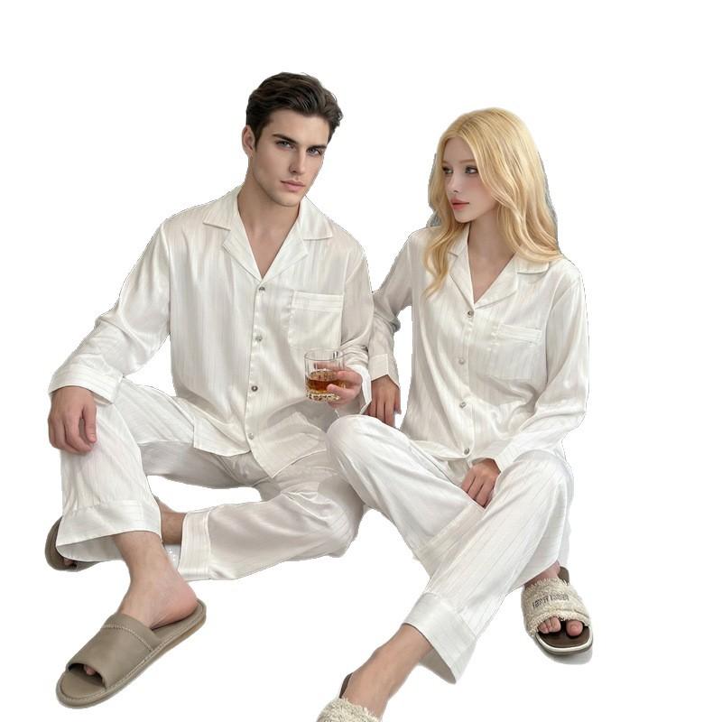 Ice silk couple pajamas women's spring and autumn simple high-end silver striped loungewear loose men's pajamas set