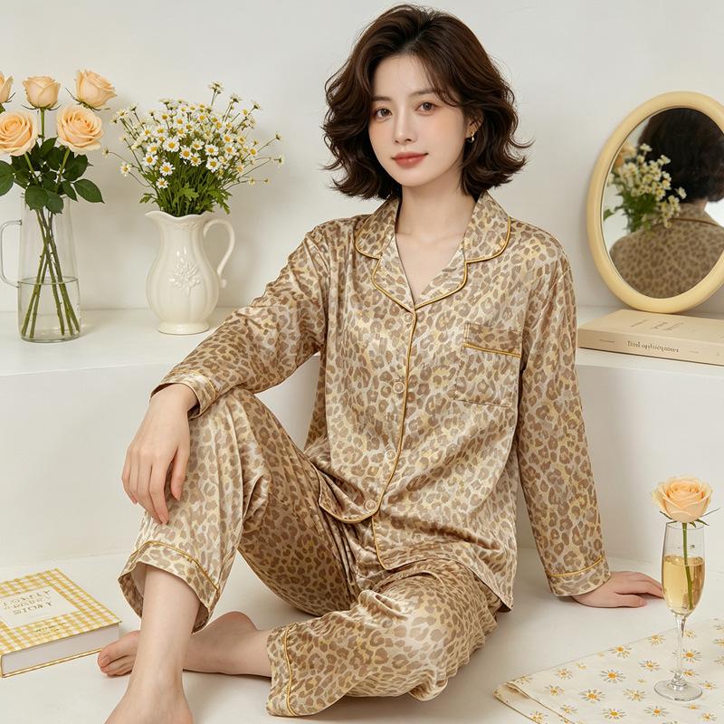 New European and American style leopard print pajamas women's spring and autumn ice silk long-sleeved trousers loungewear silk comfortable suit