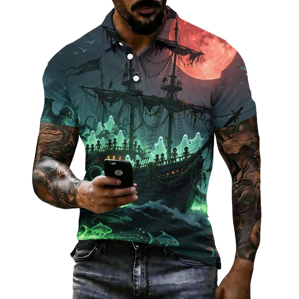 Men's Halloween Print Vintage Texture Short Sleeve Polo Shirt Loose Breathable Summer Sports Streetwear Casual Everyday Top