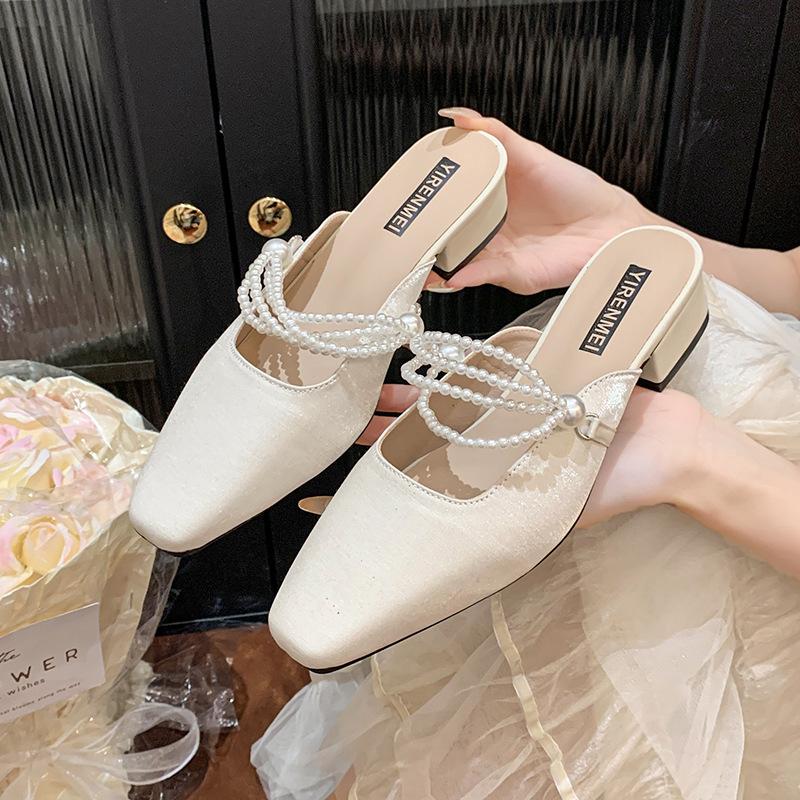Baotou Cool Slippers Women's Fashion Outer Wear 2025 Summer New Thick Heel Medium Heel Half Slippers