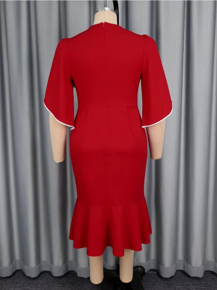 Red Three-dimensional Flower Contrast Color Decoration Ruffle Waist Fishtail Dress Elegant Slim Fit Women Dinner Party Dress