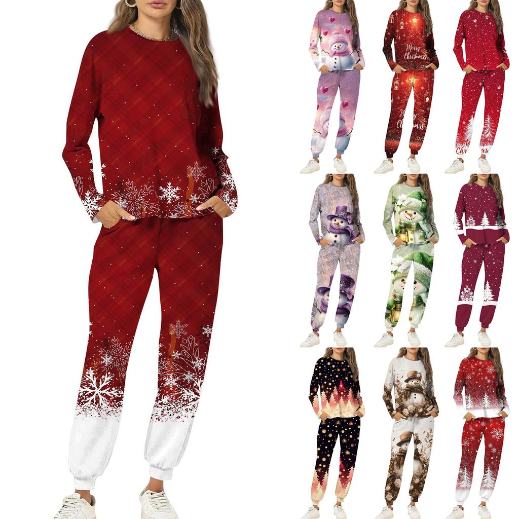 Sets For Women 2 Piece Round Neck Long Sleeve Shirts Printed Sweatpants Pocket Sets