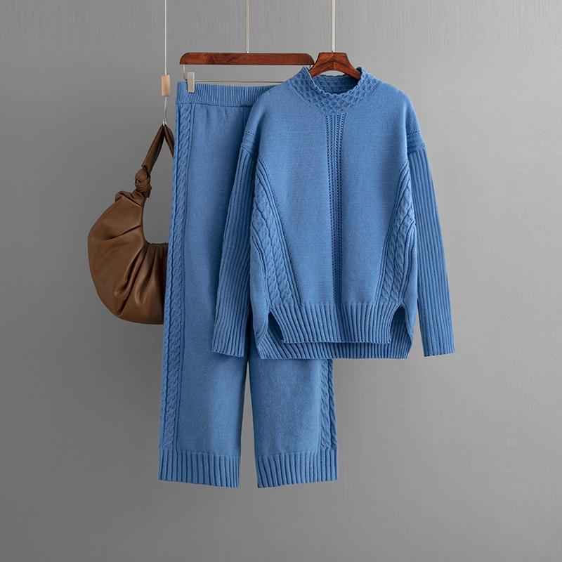 Fashion suit women's autumn and winter new casual solid color loose knitted semi-turtleneck sweater two-piece set