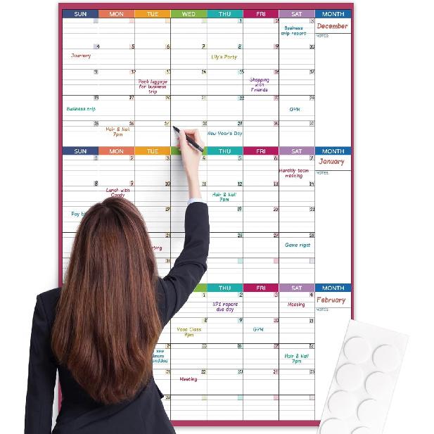 Large Dry Erase Calendar For Wall - Undated 3 Month Calendar, 28'' x 40'', Erasable & Reble Laminated White Board With 8 Round Stickers, Vertical