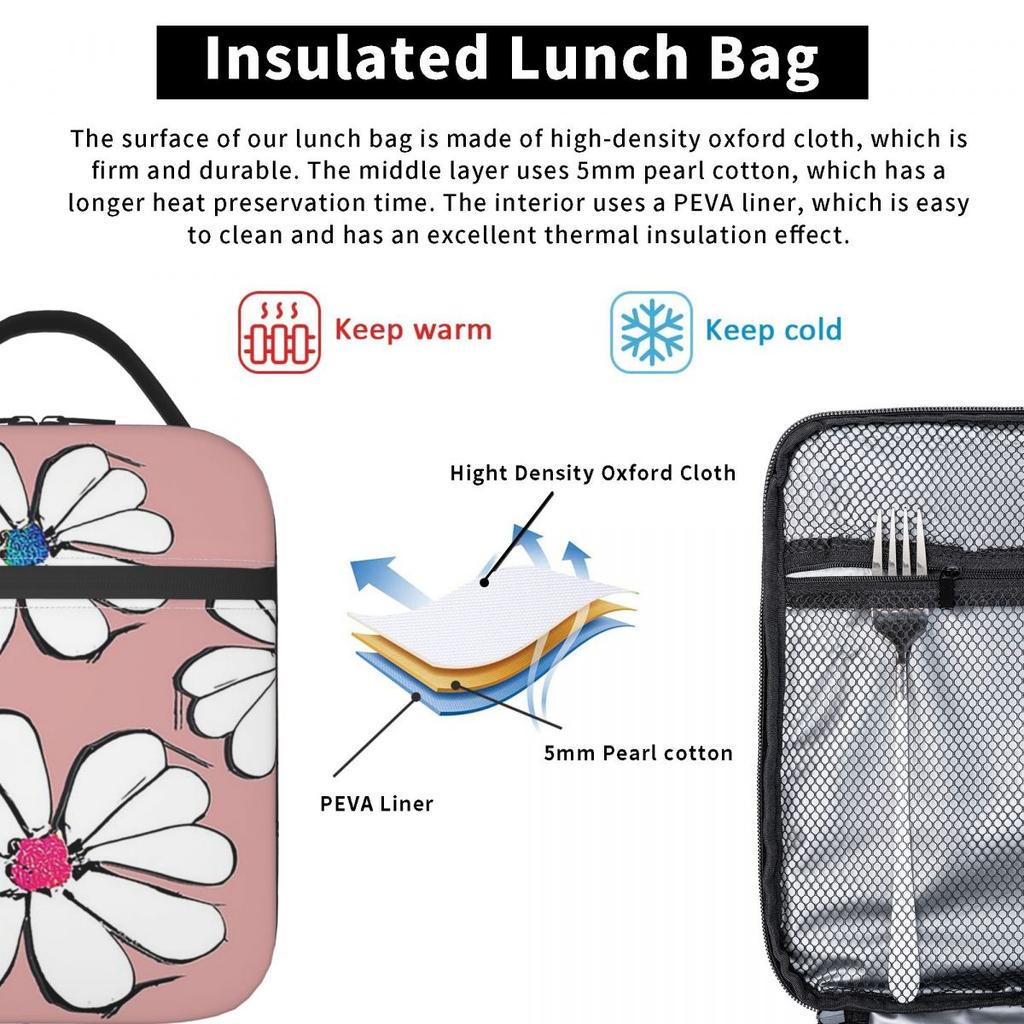 Cartoon Colorful Daisy Pattern Insulated Lunch Bag for Women Kids Leakproof Food Boxes Thermal Lunch Box Tote