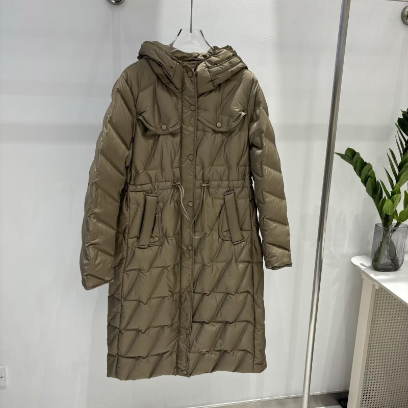 Womens Mid-Length Down Coat With Hood Slim Fit Knee-Length Lightweight Warm Outerwear In Black Beige Coffee Forest Green