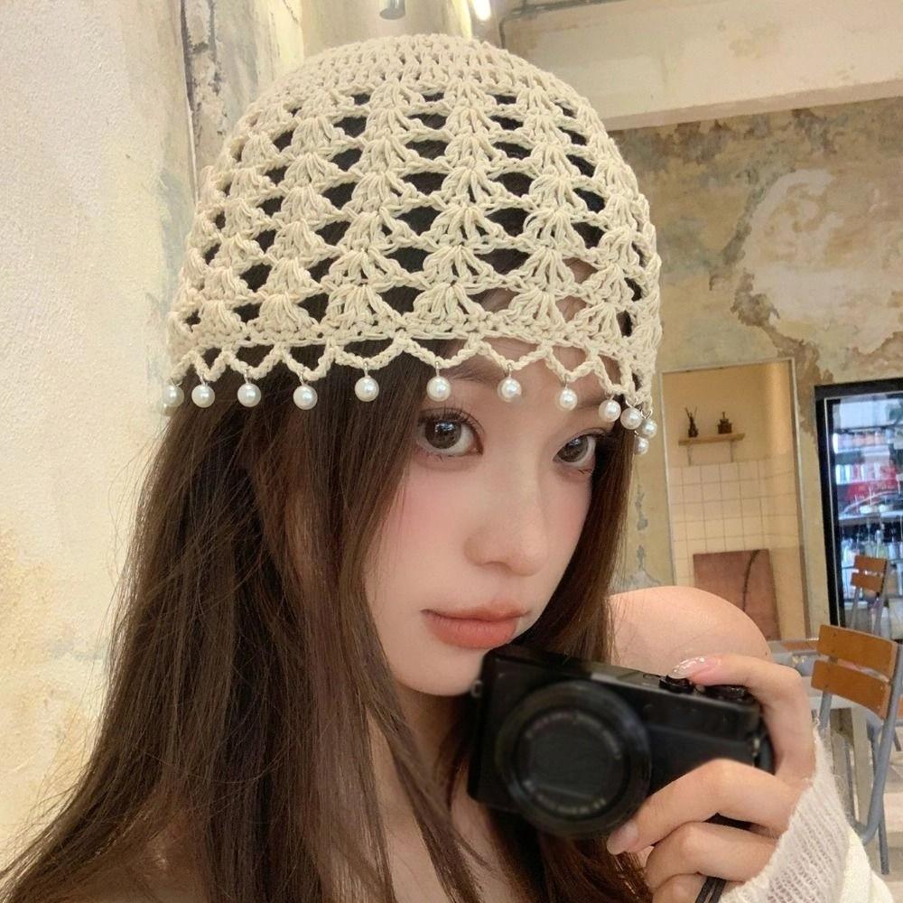 Beads Tassels Knit Beanies Sweet Weave Cap Retro Crochet Hollow Knitted Hat  Outdoor