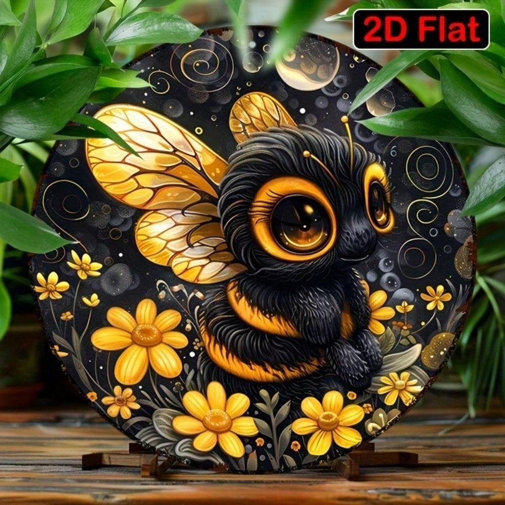 HOLIDAYARTS Round Metal Sign Bee Honey Flower Farmhouse Wall Decor, 2D Aluminum Art for Kitchen Office Cafe, Rustic
