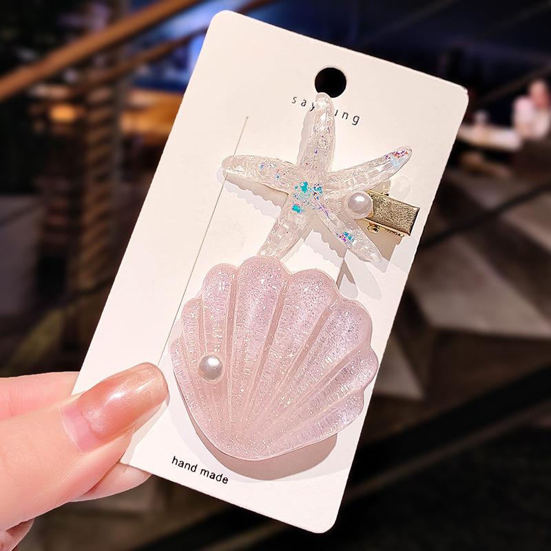 Fashion Artificial Shell Pearl Starfish Seashell Hair Clip for Women Beach Vacation Headdress Colorful Side Bangs Barrette