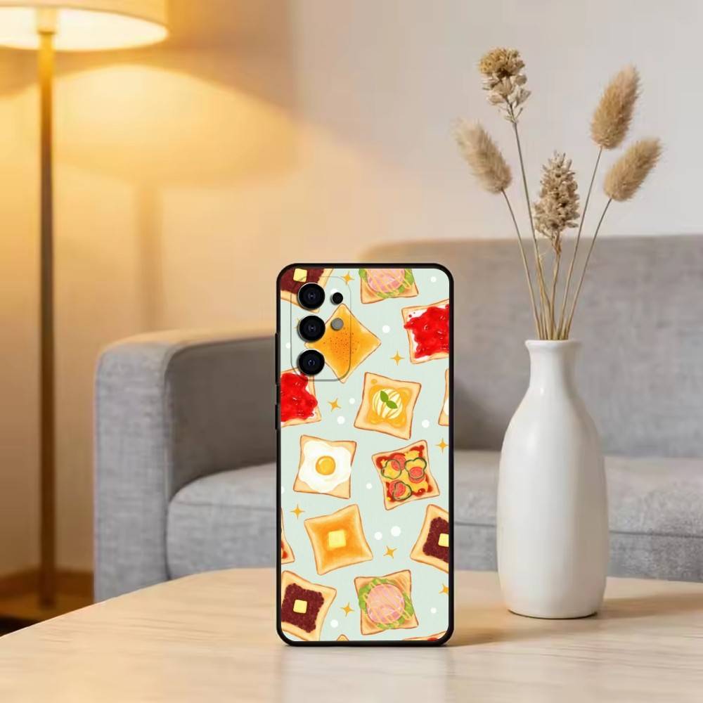 Cute Bread Illustration Phone Case Black Silicone Soft For Samsung S25,S24,S21,S22,S23,S30,Ultra,S20,Plus,Fe,Lite