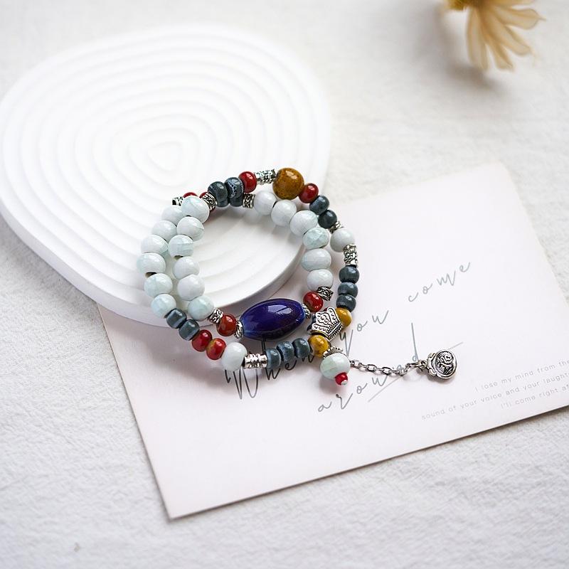 Jingdezhen Ceramic Bracelet New Chinese Style Student Antique Double Circle Beaded Bracelet Jewelry Hand-woven