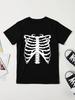 Klassisches Distressed Skelett Rippenkorb Torso Grafik Kurzarm Gruseliges Skelett Element Lässiges Outdoor Mode T-Shirt Für Kinder
